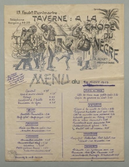 A menu for the Chope du Nègre restaurant in Paris